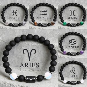 Pulsera <span class=keywords><strong>de</strong></span> Ónix Negro Mate con los Doce Signos del Zodiaco, <span class=keywords><strong>Piedra</strong></span> Protectora Específica del Zodiaco, Estilo Europeo-Americano, Unisex - Product Image 4