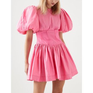 Robe de bal vintage de luxe personnalisée vêtements en gros été coton popeline rose taille <span class=keywords><strong>basque</strong></span> manches bouffantes mini robe décontractée - Product Image 3