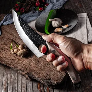 Wooden Handle Stick Cutting Tools Sharp Outdoor Raw Meat Kitchen Stainless Steel Bent Knife