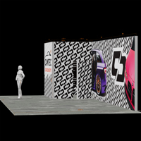 Stand d'exposition portable sur le thème de la course automobile, 9x3m, avec mur arrière étendu, graphique de voiture de sport, piliers lumineux à sublimation LED