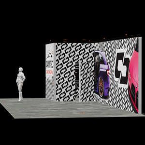 Stand d'exposition portable thème course automobile 9x3m avec mur arrière étendu, graphique de voiture de sport, piliers lumineux dimensionnels modulaires - Product Image 4
