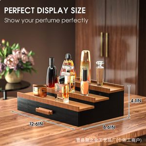 Tiered Cosmetic Rack 3 Layers Solid Wood <b>Desktop</b> <b>Organizer</b> With Drawer <b>For</b> Perfume Jewelry Storage - Product Image 4