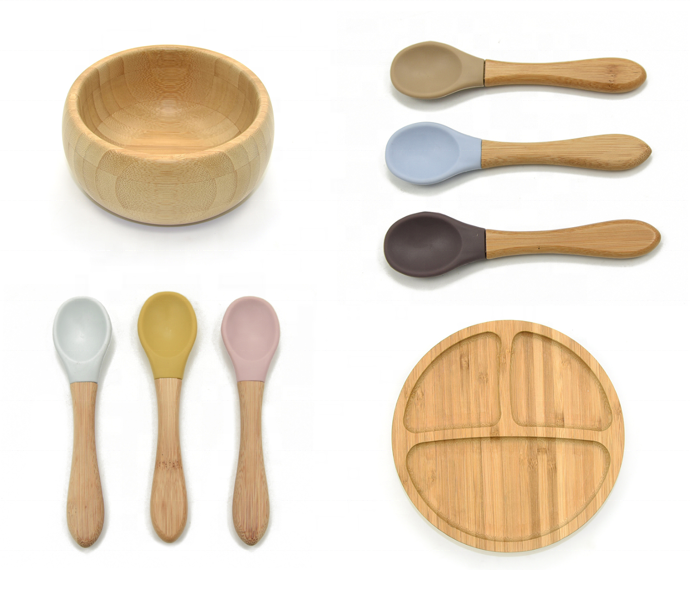 Детские товары для еды безопасный деревянный бамбуковый пищевой силикон всасывающий Набор для кормления ребенка с чашей тарелка ложка для малышей