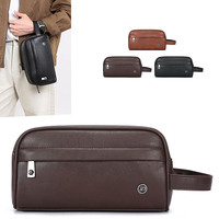 Tas Clutch Kulit PU Pria Minimalis Modern, Penutup Ritsleting, Tahan Air, Multifungsi, Tas Perlengkapan Mandi untuk Perjalanan, Pilihan Logo Kustom
