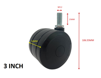 Roulettes pivotantes à vis en caoutchouc thermoplastique, 3 pouces, noires, capacité de charge 75 kg, garantie 3 ans, pour meubles, armoires, tables