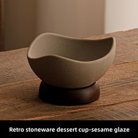 Vintage-Stil Grobe Keramik-Dessertschale Snack-Schüssel mit Holzsockel für Obstservierung Eiscreme Heim-Café Tischdekoration