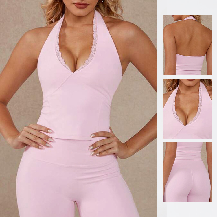 Yoga Tank Top V-Neck Halter Straps Built-in Padded Cups Lift Support Slimming Silhouette Solid Plus Size Bare-Back Design