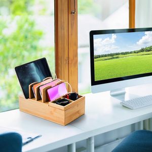 Bamboo Charging <b>Stand</b> Storage Rack 5 Tier Desktop Organizer <b>For</b> Phones <b>Tablets</b> Watches Natural Wood Color - Product Image 4