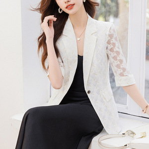 Lace Blazer For Women White Hollow Three Quarter Sleeve Summer Breathable Elegant Versatile Thin Top Petite Size - Product Image 3