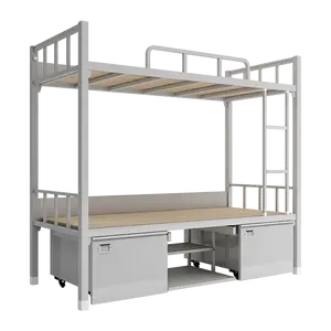 New design school dormitory 2 person 2 layers hostel steel double decker bed iron metal bunk beds with storage cabinet for sale