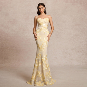 Abito da festa elegante da donna senza maniche, senza schienale, <span class=keywords><strong>con</strong></span> <span class=keywords><strong>spalline</strong></span> <span class=keywords><strong>incrociate</strong></span> regolabili, stampa floreale ricamata in 3D e orlo a coda di pesce - Product Image 1