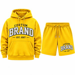 Custom Brand <b>Men's</b> <b>Hoodie</b> & <b>Shorts</b> <b>Set</b> Yellow Cotton French Terry Casual Wear Printed Letter Design Autumn Style - Product Image 1