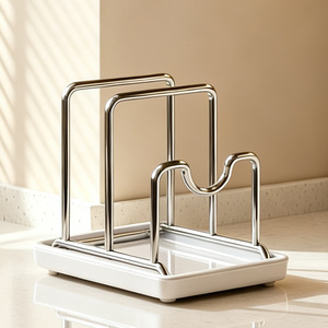 Stainless Steel <b>Pot</b> <b>Lid</b> Rack With Tray Square Kitchen Countertop Holder For Cutting Board And <b>Lids</b> - Product Image 4