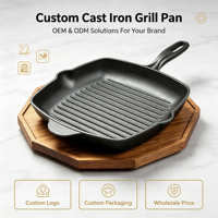 Poêle à griller carrée en fonte avec surface striée et poignée, pré-culottée pour steak, barbecue, intérieur, camping, OEM personnalisé