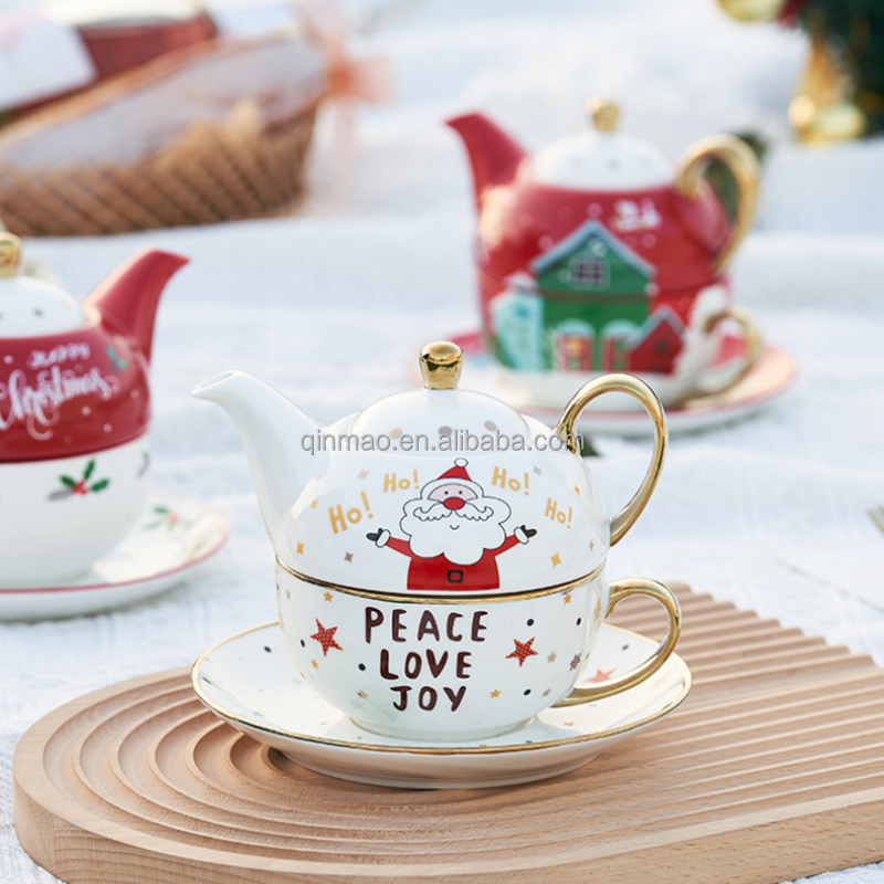 クリスマス柄の磁器製一人用携帯茶器セット、ティーポット、ティー