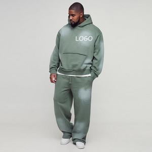 Conjunto de 2 piezas de sudadera con capucha oversize y pantalones de chándal de pierna ancha de algodón con efecto deslavado y desgastado por el sol para hombre, estilo streetwear. - Product Image 2