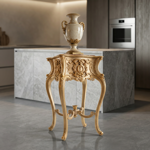 Table basse antique en teck massif sculpté à la main, dorée, mobile, légère et écologique - Product Image 5