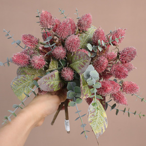<b>Artificial</b> Plastic Flower <b>Bouquet</b> With Spiky Balls And Eucalyptus Leaves For Home Decor And Photography Props - Product Image 4