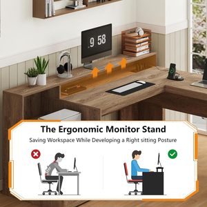 <span class=keywords><strong>Escritorio</strong></span> Ejecutivo en Forma de L con Cajones, Estantes de Almacenamiento, Diseño de Esquina, Tomas de Corriente, Soporte <span class=keywords><strong>para</strong></span> Monitor, Estante <span class=keywords><strong>para</strong></span> Impresora, Color Marrón, Duradero - Product Image 2