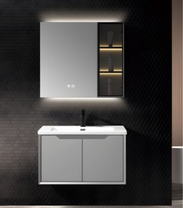 Mobile Bagno Ultra Moderno in PVC Grigio con Armadietto Sospeso e Unità Laterale Verticale Salvaspazio - Product Image 4