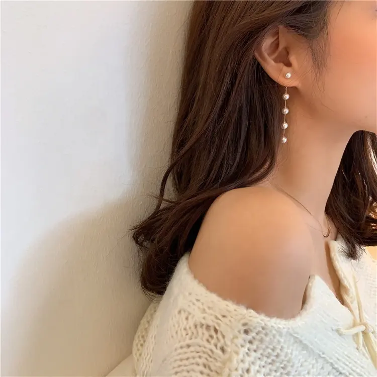 Temperament S925 Silver Needle Long Chain Pearl Tassel Stud Earrings Women