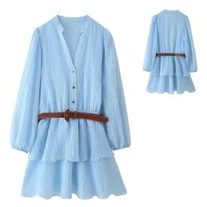 V-Neck Buttons-Up Long-Sleeve <b>Blue</b> Summer Natural Breathable Casual Fashion A-Line Mini <b>Dress</b> <b>for</b> <b>Women</b> - Product Image 1