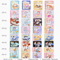Mini carnet à spirale 87x112mm 80GSM 70 feuilles lignées, motif dessin animé mignon, boucle magnétique, 4 designs, 480 pièces/carton, vente en gros