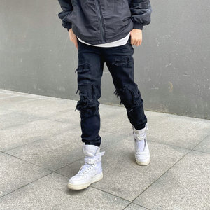 Jeans Neri da Uomo all'Ingrosso, Vestibilità Regolare, Stile Hip Hop Streetwear Vintage, Casual, Strappati, Effetto Stacked, Lavati, Elasticizzati e Traspiranti - Product Image 4