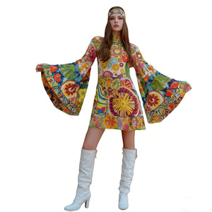 Robe Vintage Bohème <span class=keywords><strong>Hippie</strong></span> à Manches Évasées Imprimé Abstrait Coloré pour Festival Halloween Fête Femme Polyester Spandex Tailles Variées - Product Image 1