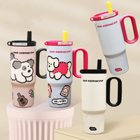 Tumbler Gagang Stainless Steel SUS316 750ml, Motif Anjing Kartun Lucu, Mug Sedotan Vakum Terisolasi, Cangkir Air Portabel untuk Perjalanan dan Mobil
