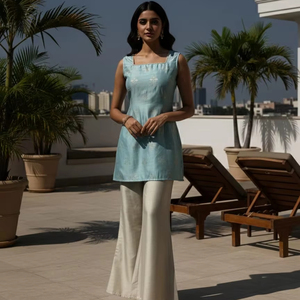 Conjunto de 2 piezas de pantalón y top largo sin mangas de lona azul para mujer, elegante, festivo, estilo étnico, ropa india pakistaní, largo a media pantorrilla - Product Image 1