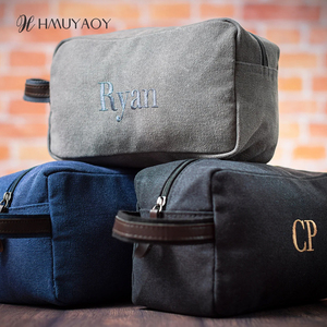 Trousse de toilette en <span class=keywords><strong>toile</strong></span> cirée brodée avec monogramme personnalisé, sac de voyage pour homme en <span class=keywords><strong>toile</strong></span> personnalisée avec poignée en cuir - Product Image 3