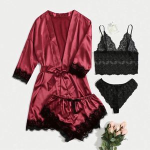 Ensemble de pyjama sexy pour femmes, 4 pièces, taille élastique, respirant, dentelle, viscose, satin, vêtements de nuit pour la maison - Product Image 5
