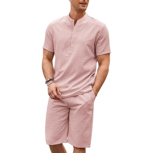 Conjunto de 2 Piezas de <span class=keywords><strong>Lino</strong></span> para <span class=keywords><strong>Hombre</strong></span>, Camisas Henley Casuales de Manga Corta, Pantalones Cortos de Yoga para Playa, Trajes de Verano - Product Image 5