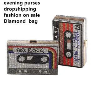 2021 Dropshipping Fashion women square shoulder bag Diamond retro audio tape rhinestone handbag women clutch bag evening purses