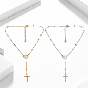 Collier en Y avec pendentif croix cœur perlé en acier inoxydable plaqué or 14K sous vide, chaîne réglable, tons or et argent - Product Image 1