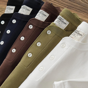 230Gヘビーヘンリー糸染めニット100%オーガニックコットンメンズサマー半袖Tシャツアメリカンレトロスタイル無地スマート - Product Image 2