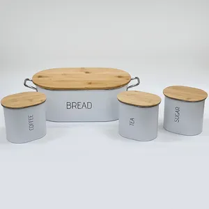 Oval Shape Vintage Bread Box Sugar Coffee Tea 3 Pieces Storage Canisters Powder Coated Metal Case Food Storage Set