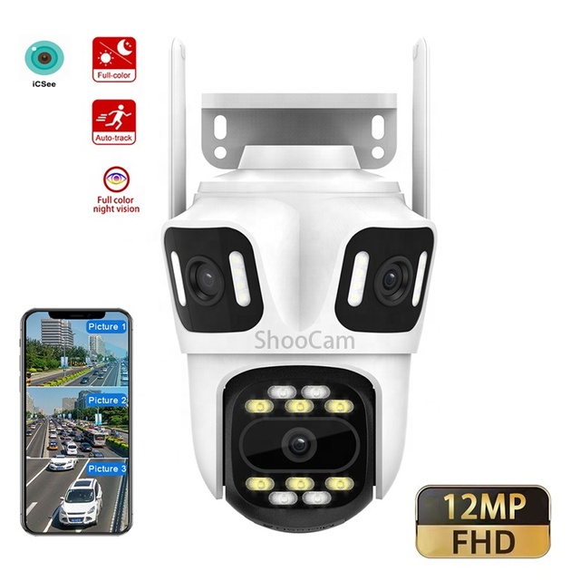 ShooCam 12mp Wireless 4g Sim Card Surveillance Ip Cameras Three Lens Ptz Real-Time Recording Outdoor Security Network Camera