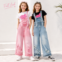 Overall Denim Anak Perempuan Celana Bib Kaki Lebar Longgar Kasual Streetwear Jeans Dicuci Fashion Pakaian Musim Panas Anak Trendi Y2K Keren