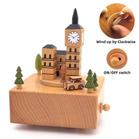 Logo personnalisé Pure Melody Big Ben Boîte à musique en bois avec puissance de jeu mécanique de voiture ronde mobile