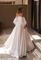 Robe de mariée en satin MHL204 à col droit, manches bouffantes en tulle, dos nu et épaules dénudées