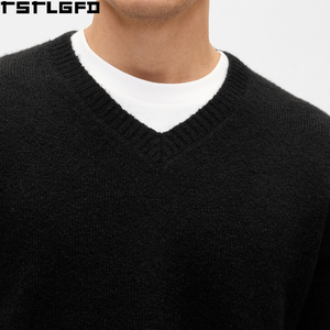 Suéter Holgado con Cuello en V, Fabricante de Pullovers de Punto Personalizados, Puños y Dobladillo Acanalados, Estilo Casual Minimalista Urbano, Venta al por Mayor - Product Image 3