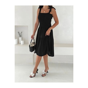 Women's Black Summer <b>Dress</b> <b>Elastic</b> Straps Viscose Fabric 100 Cm Length Ruffled Skirt Comfortable Fit - Product Image 2