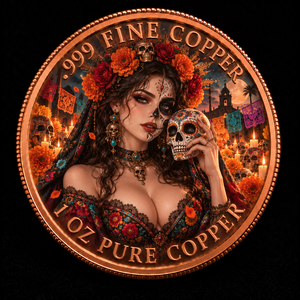 Moneda Redonda <span class=keywords><strong>de</strong></span> Cobre Puro .999 <span class=keywords><strong>de</strong></span> 1 oz con Diseño <span class=keywords><strong>de</strong></span> La Catrina del Día <span class=keywords><strong>de</strong></span> <span class=keywords><strong>Muertos</strong></span>, Impresión UV y Grabado en Relieve, Pedidos Personalizados al por Mayor - Product Image 1