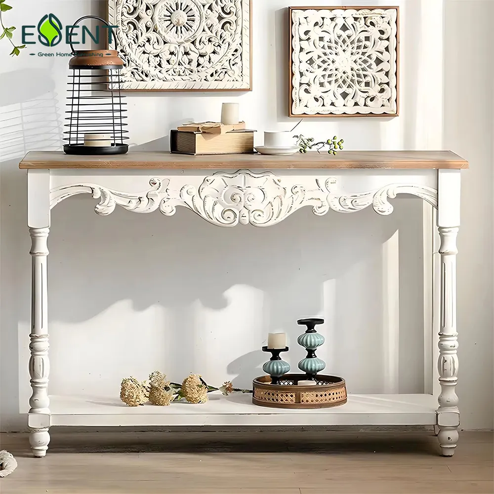 Mesa de consola de madera de pino blanco rústico Essent, muebles de sala de estar, entrada antigua, mesas de consola de granja