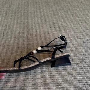 En Existencia ~ Sandalias de Verano para Mujer, Casuales, con Tacón Bloque, Elegantes, Punta Cuadrada, Versátiles, con Tiras Cruzadas Finas, Adornadas con Cuentas, Punta Abierta - Product Image 6