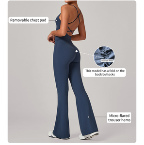 Set Yoga Casual Elasticizzato da Donna: Pantaloni a Gamba Larga Traspiranti Effetto Push-Up e Reggiseno Sportivo Incrociato sul Retro - Ropa Deportiva Mujer - Product Image 4