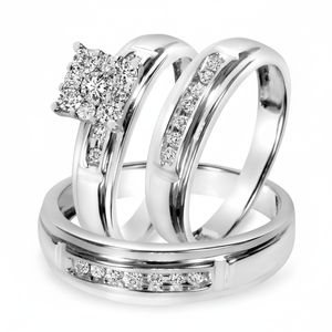 Diamond Wedding <b>Ring</b> Trio <b>Set</b> in 14K White <b>Gold</b> With Real Round Diamond Studded Engagement <b>Ring</b> - Product Image 2