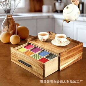 Wooden <b>Tea</b> Bag Storage <b>Box</b> With Partitions Rectangular Drawer Organizer For Household <b>Tea</b> Set Storage - Product Image 5